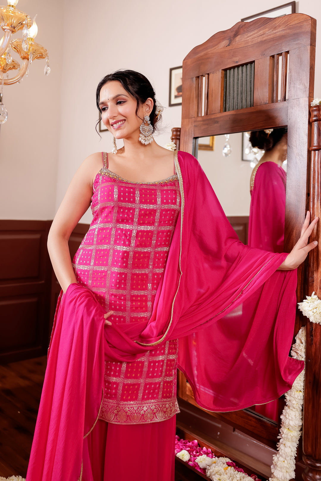 Rani Pink Georgette Bandhani Palazzo Suit