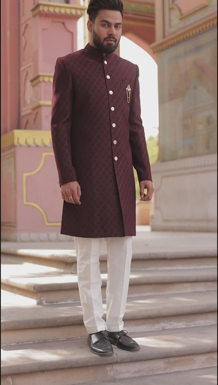 Burgundy Brocade Silk Indo-Western Suit