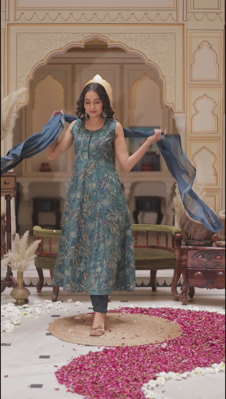 Blue Silk Floral Print Kali Suit.