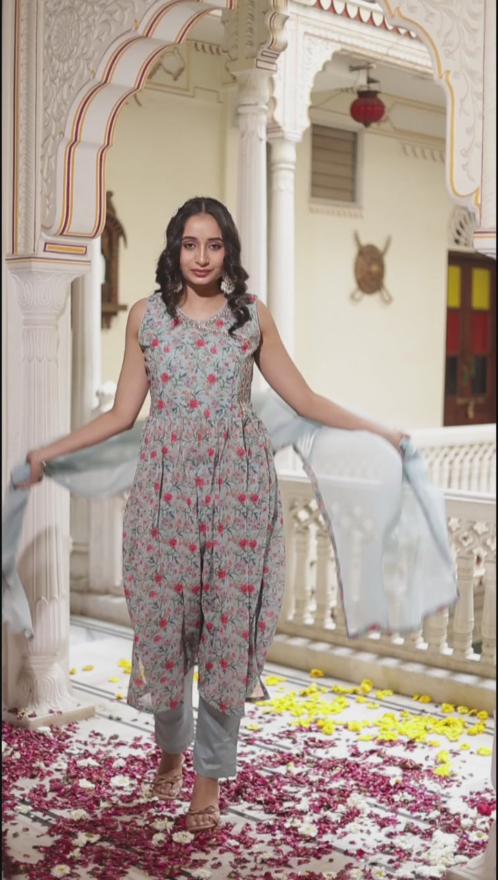 Grey Floral Print Naira Cut Kali Suit.