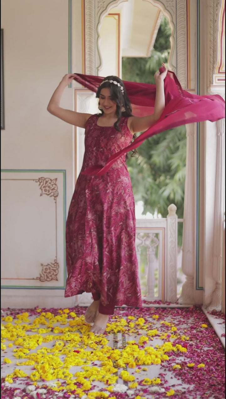 Pink Silk Floral Print Kali Suit.