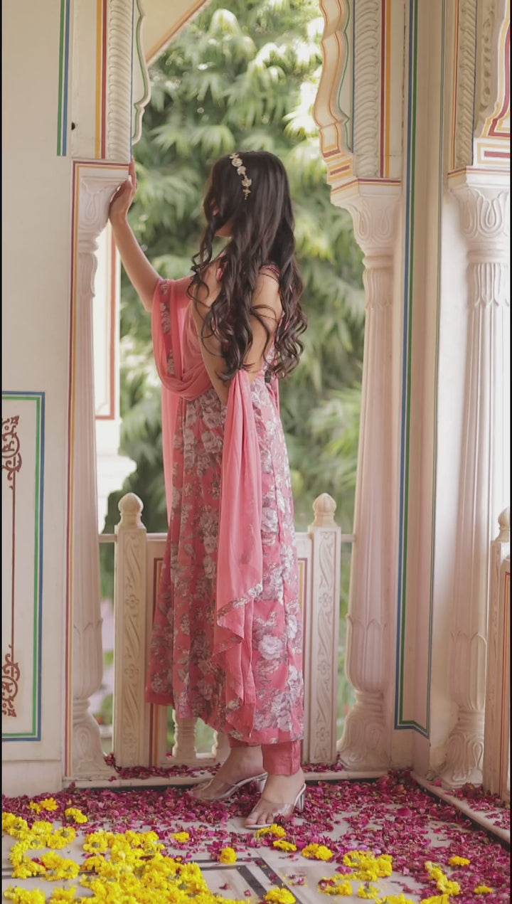 Peach Chiffon Floral Print Kali Suit