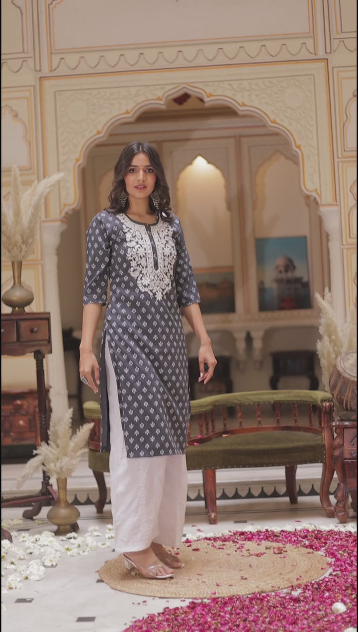 2 piece Grey Straight Cut Chikankari Kurta Set