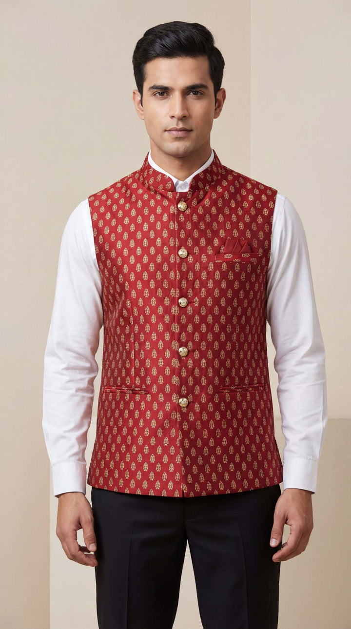Maroon Brocade Silk Waistcoat