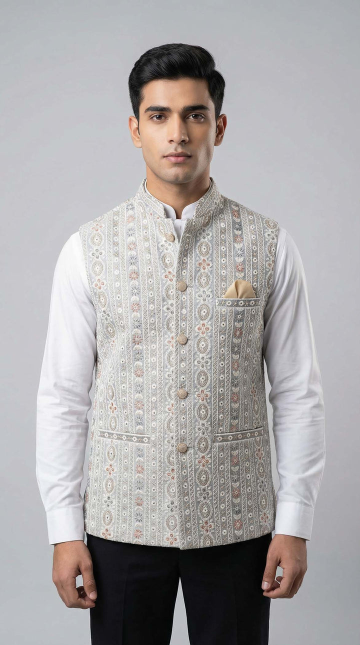 Light Grey Embroidered Lucknowi Silk Waistcoat.