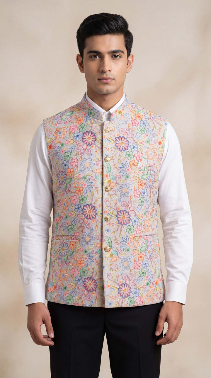 Lilac Floral Print Embroidered Waistcoat.