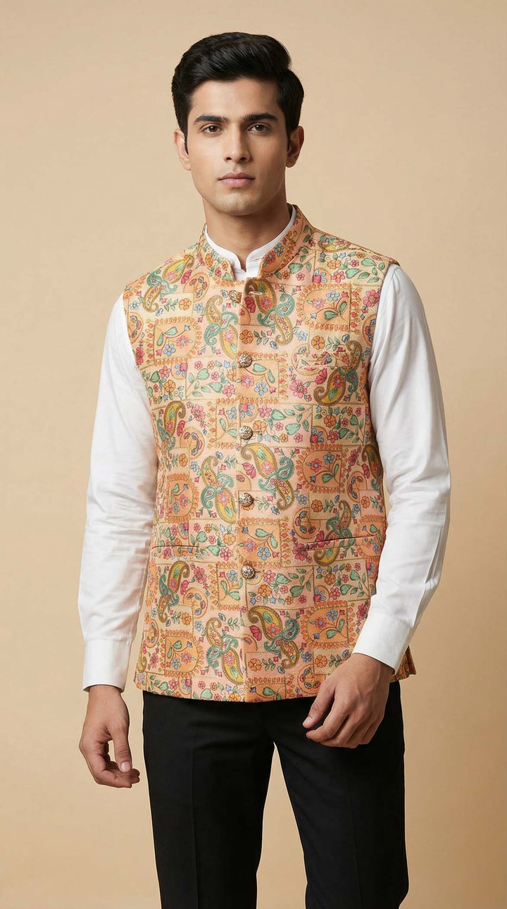 Peach Floral Print Embroidered Waistcoat.