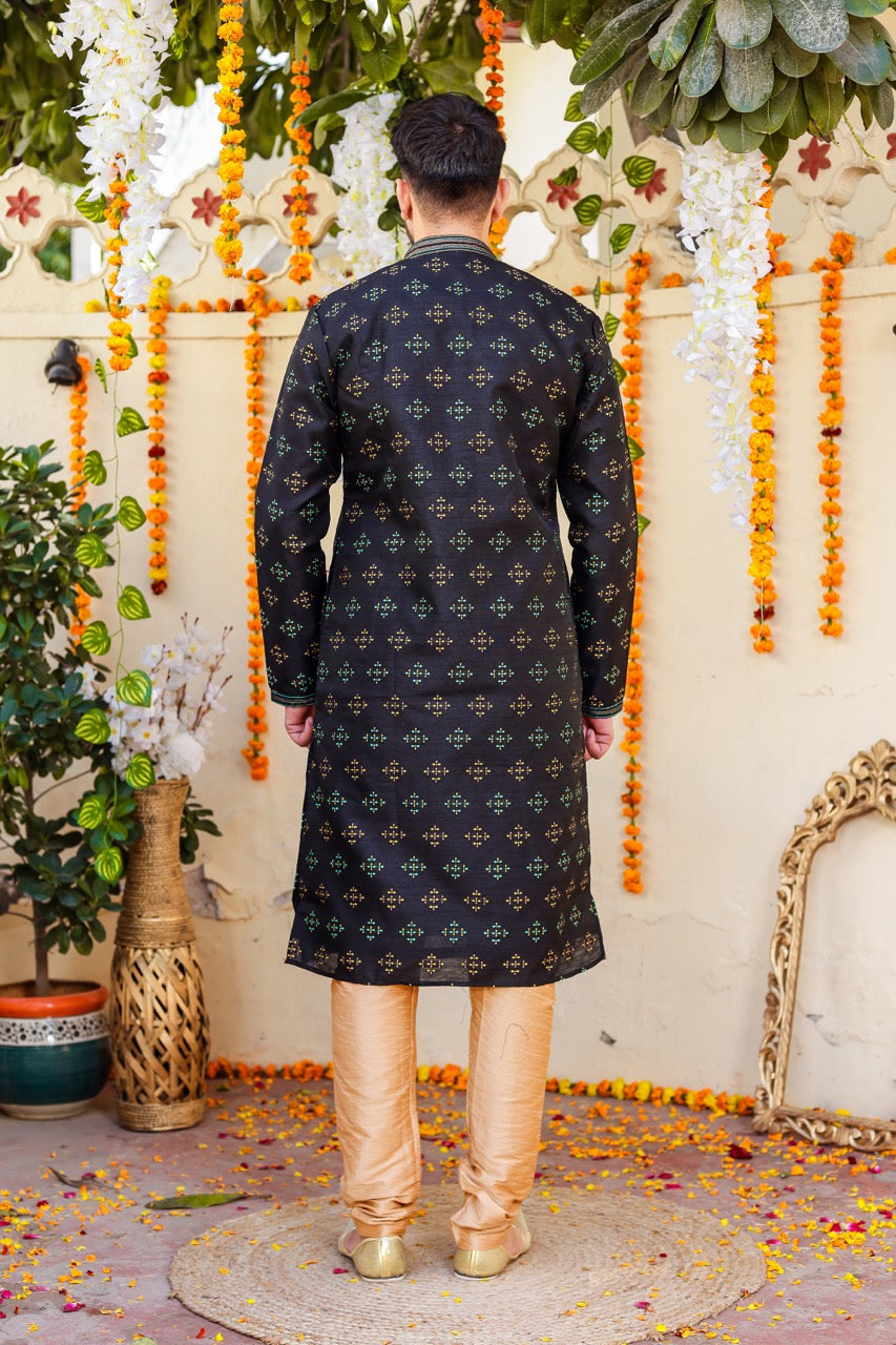 Black Raw Silk Kurta Suit.