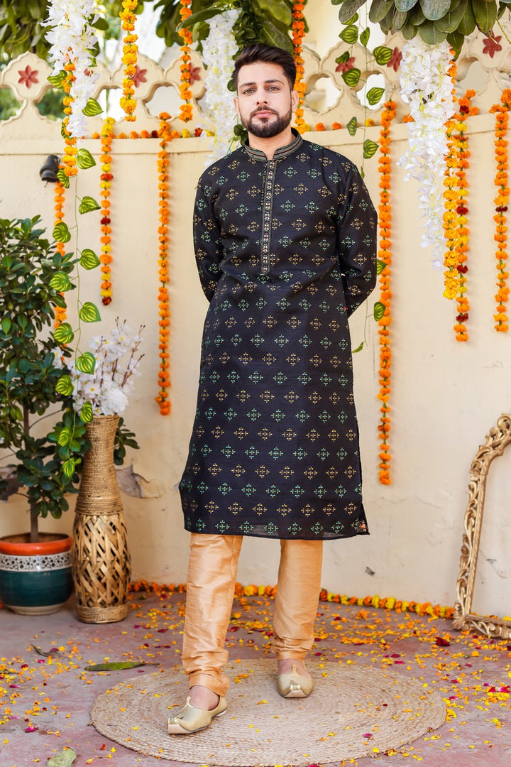 Black Raw Silk Kurta Suit.