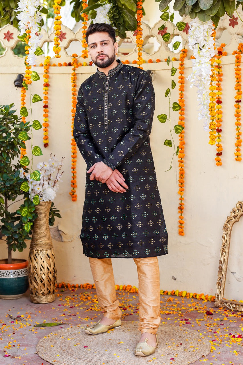 Black Raw Silk Kurta Suit.
