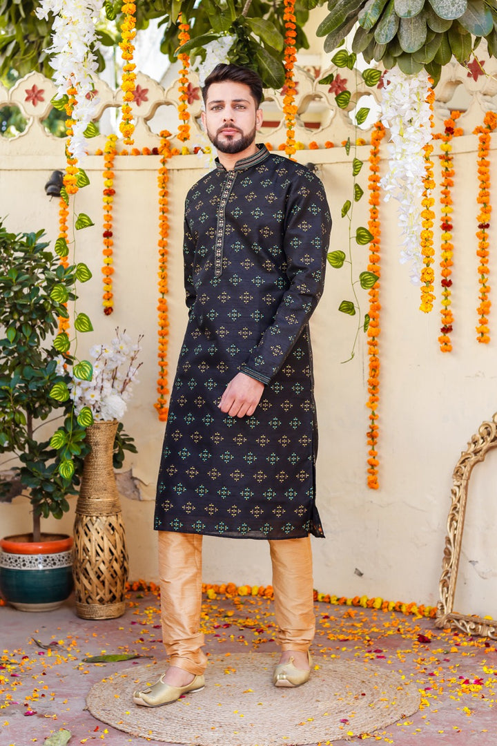Black Raw Silk Kurta Suit.