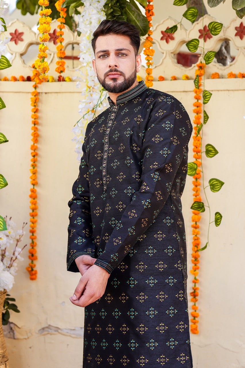 Black Raw Silk Kurta Suit.