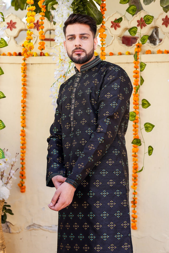 Black Raw Silk Kurta Suit.