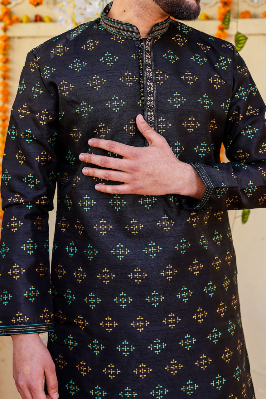 Black Raw Silk Kurta Suit.