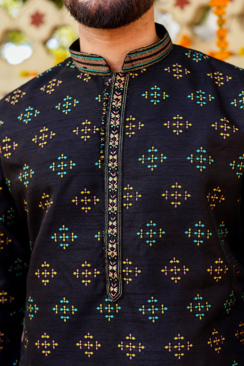 Black Raw Silk Kurta Suit.