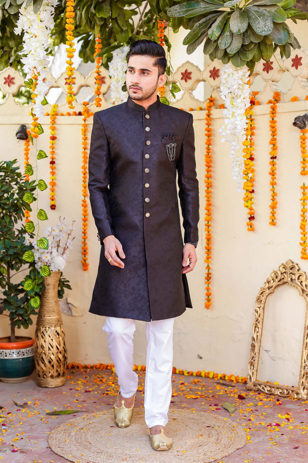 Black Brocade Silk Indo-Western Suit.