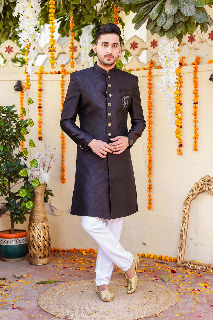 Black Brocade Silk Indo-Western Suit.