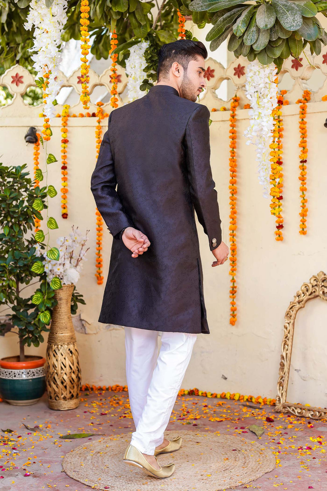 Black Brocade Silk Indo-Western Suit.