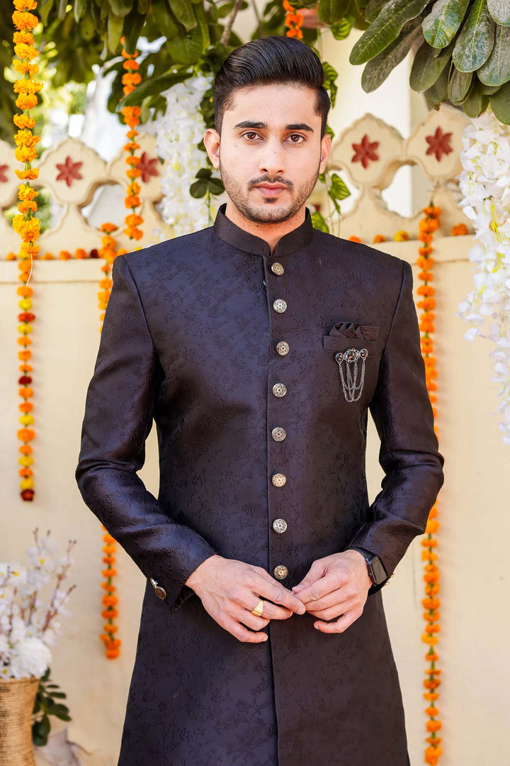 Black Brocade Silk Indo-Western Suit.