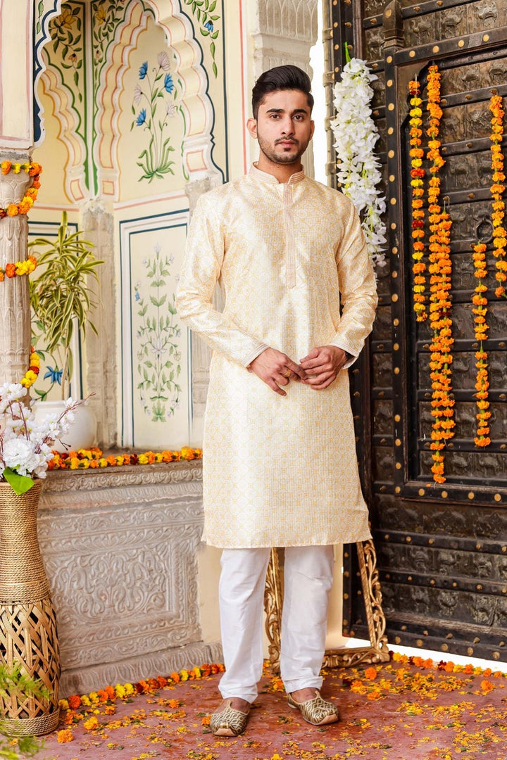 Yellow Digital Print Mens Silk Kurta Suit