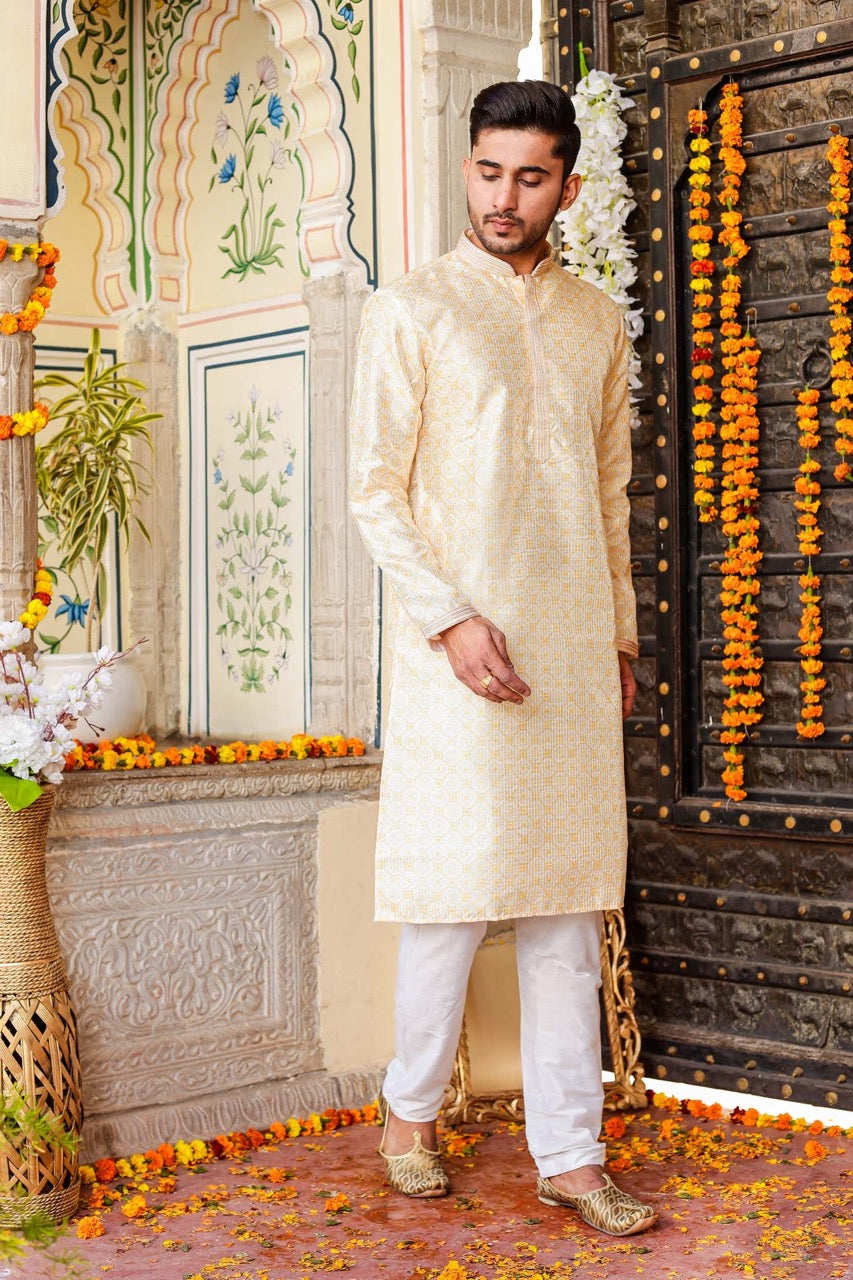 Yellow Digital Print Mens Silk Kurta Suit