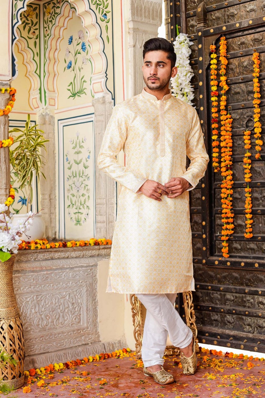 Yellow Digital Print Mens Silk Kurta Suit