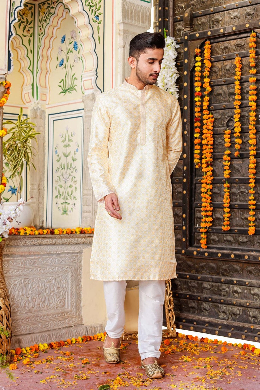Yellow Digital Print Mens Silk Kurta Suit