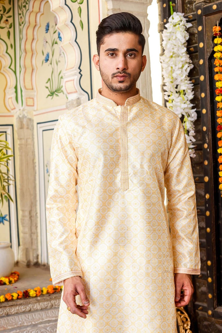 Yellow Digital Print Mens Silk Kurta Suit
