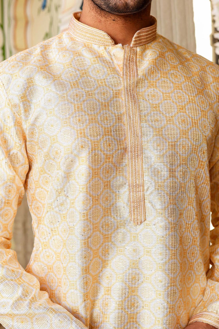 Yellow Digital Print Mens Silk Kurta Suit