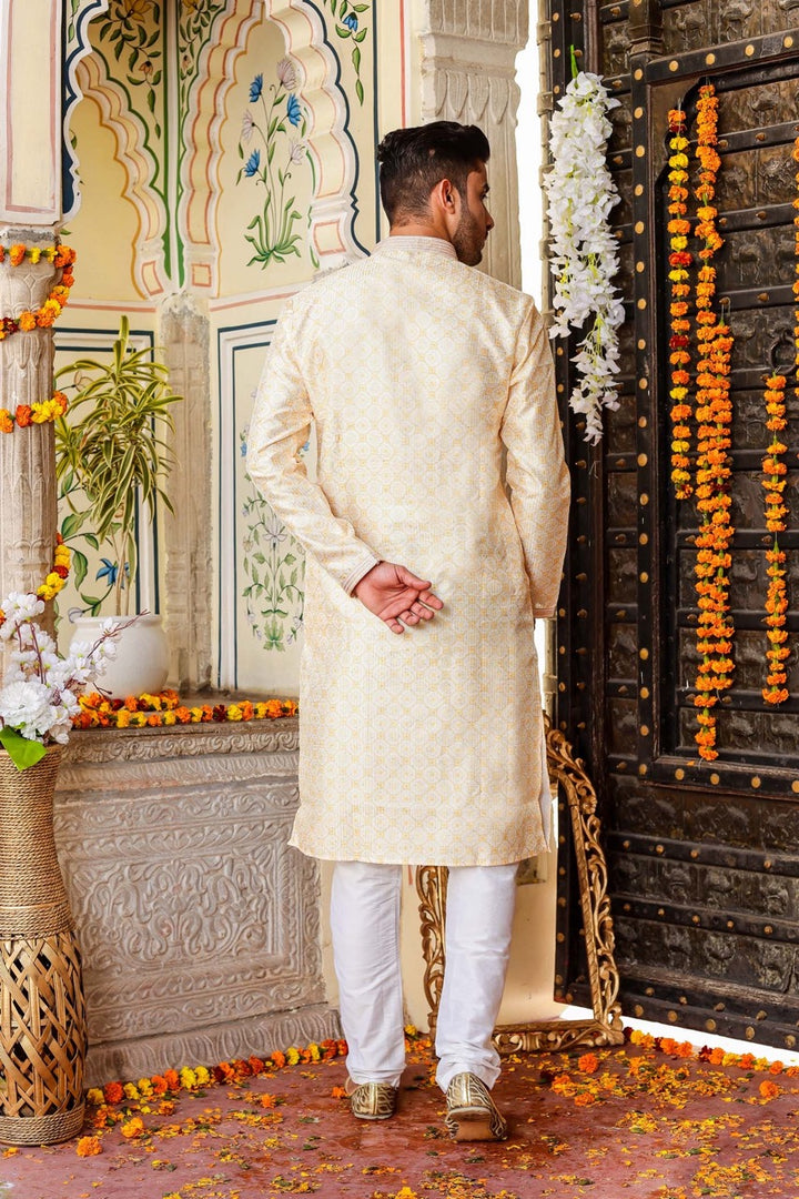 Yellow Digital Print Mens Silk Kurta Suit