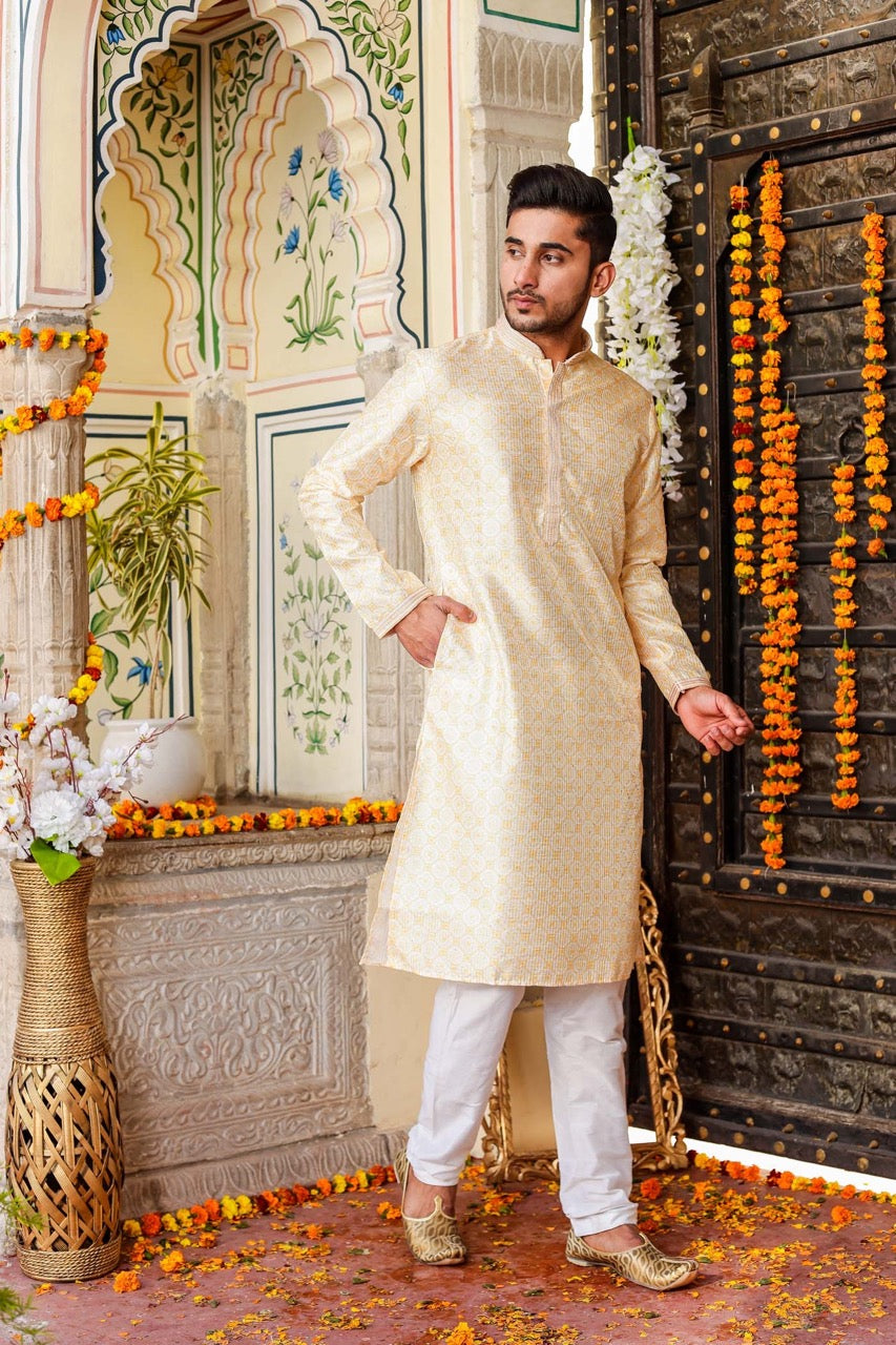 Yellow Digital Print Mens Silk Kurta Suit