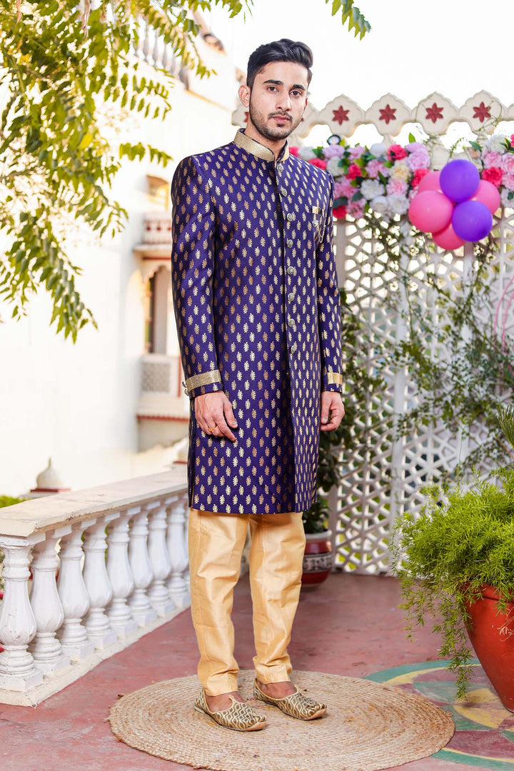 Navy Blue Brocade Silk Indo-Western Suit.
