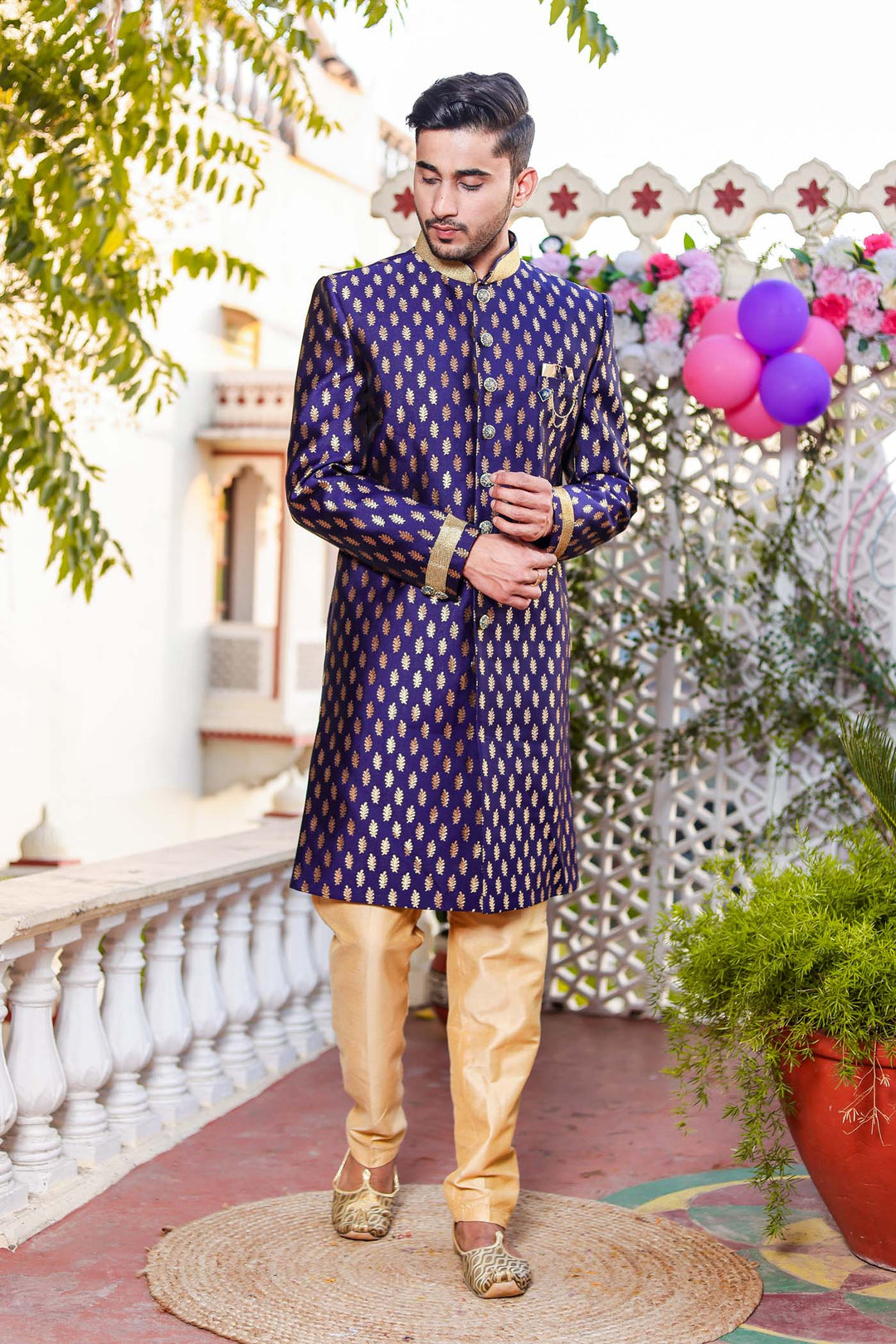 Navy Blue Brocade Silk Indo-Western Suit.