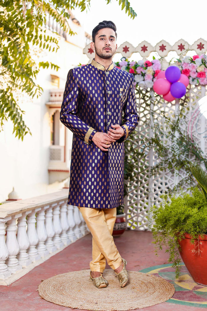 Navy Blue Brocade Silk Indo-Western Suit.
