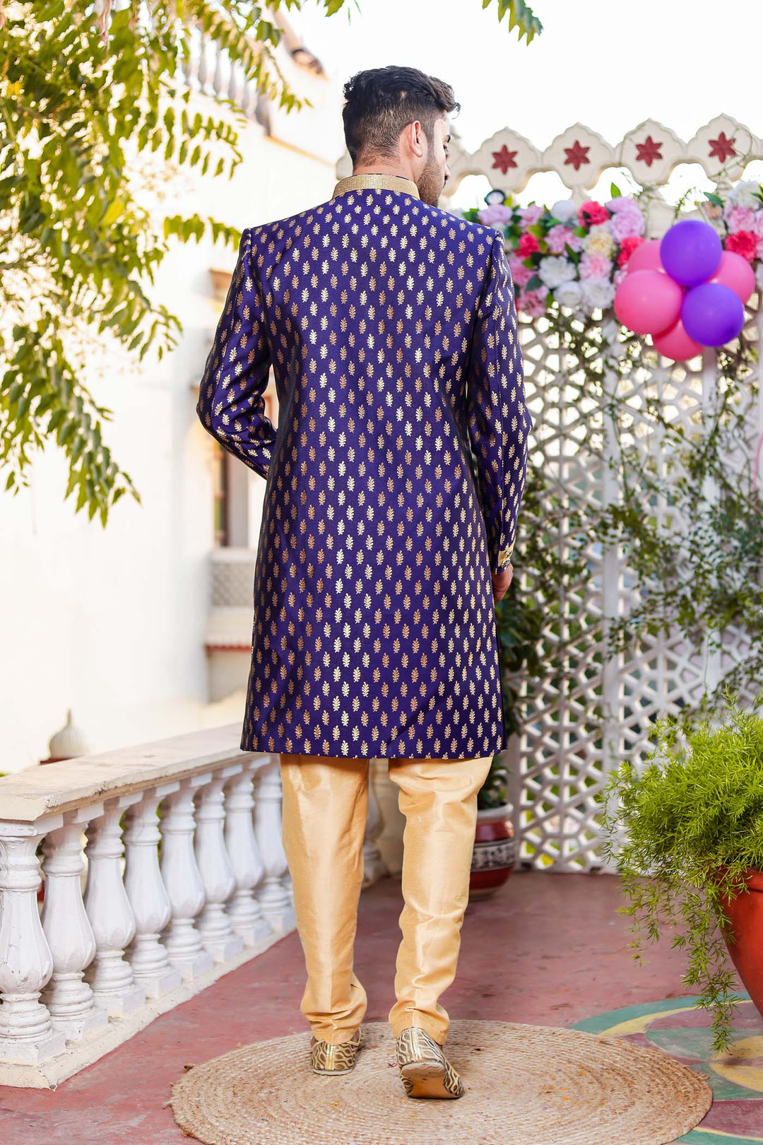 Navy Blue Brocade Silk Indo-Western Suit.