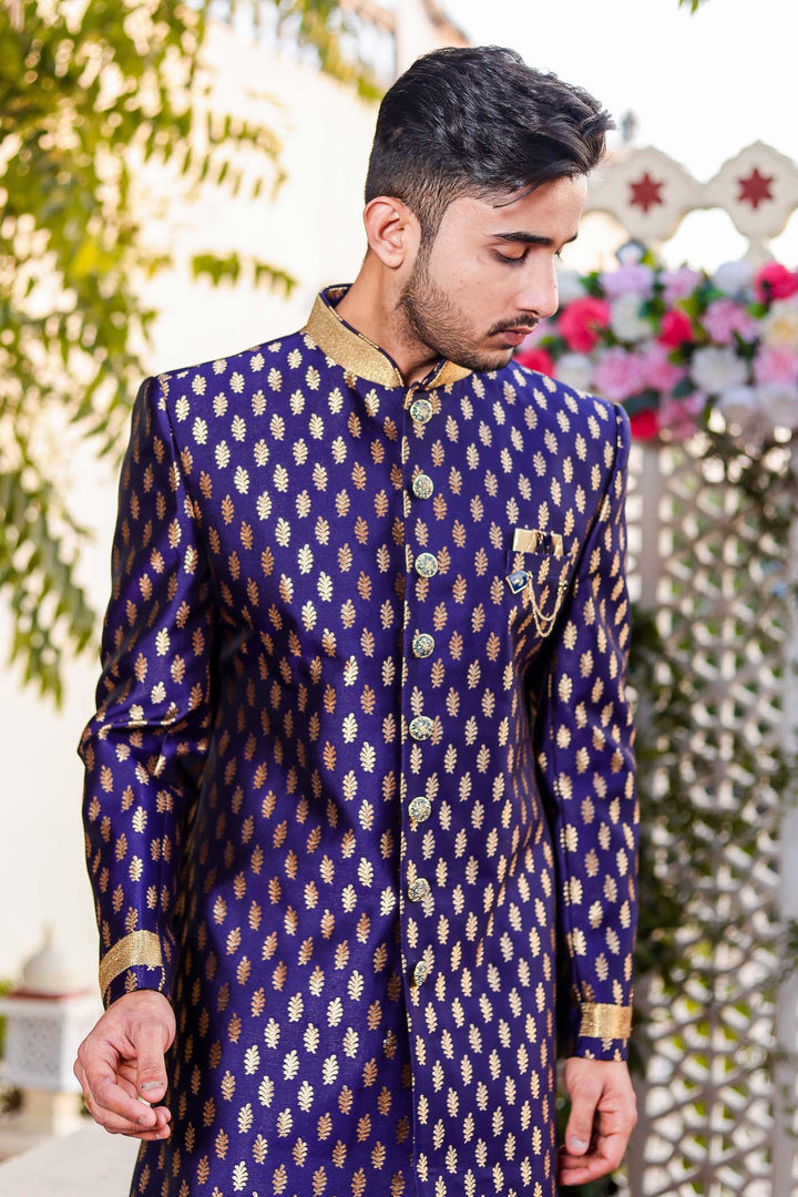 Navy Blue Brocade Silk Indo-Western Suit.
