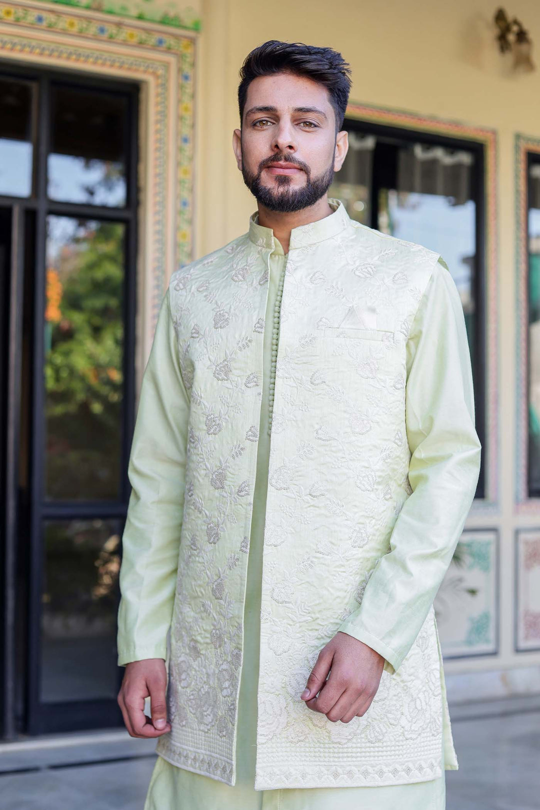 Mint Green Open Jacket style Indo-Western Suit.