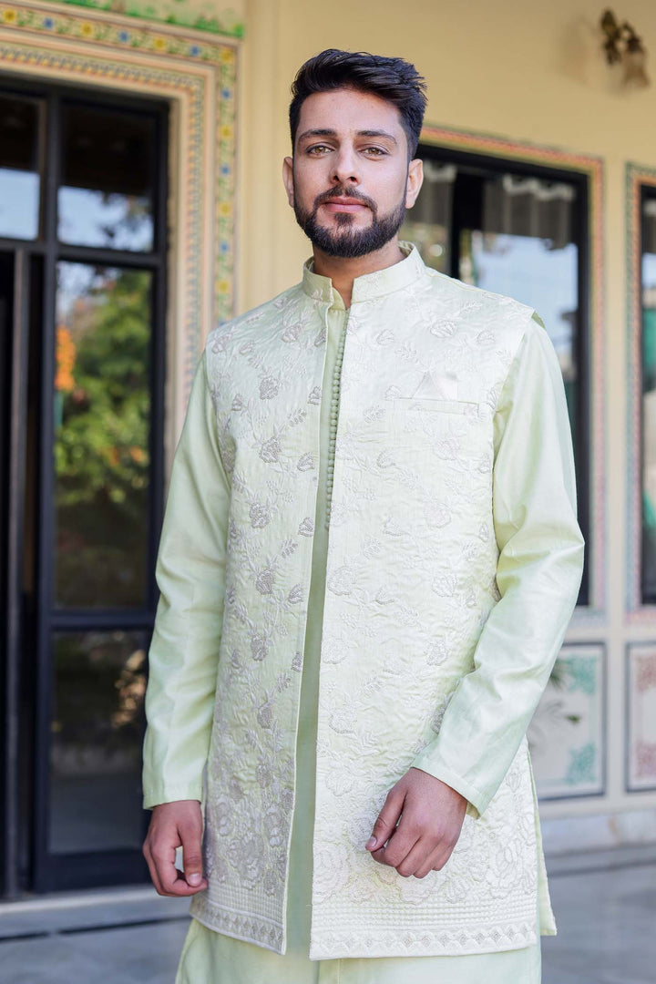 Mint Green Open Jacket style Indo-Western Suit.