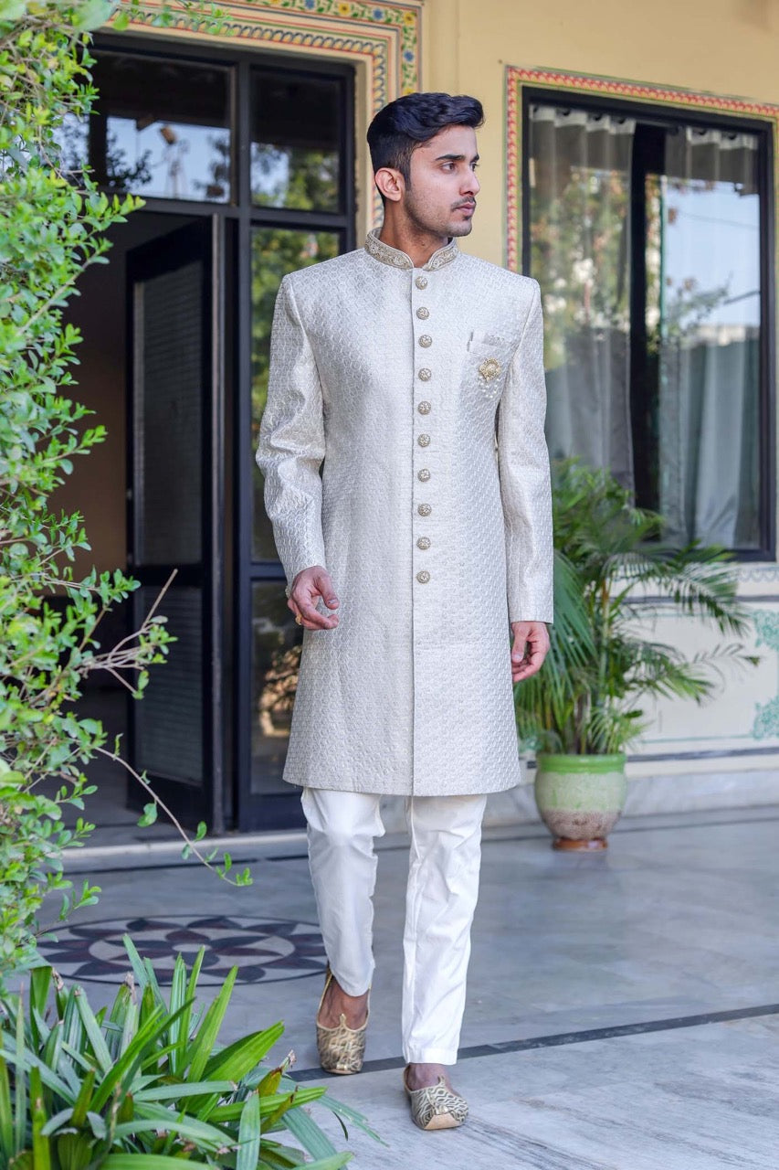 Olive Green Indo-Western Sherwani Suit.