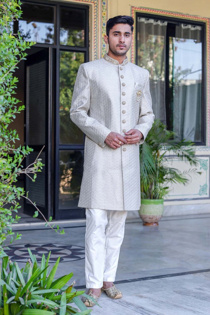 Olive Green Indo-Western Sherwani Suit.