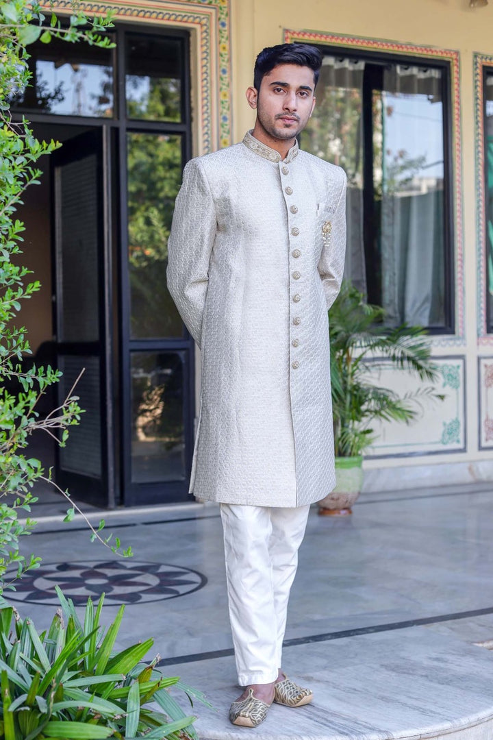 Olive Green Indo-Western Sherwani Suit.