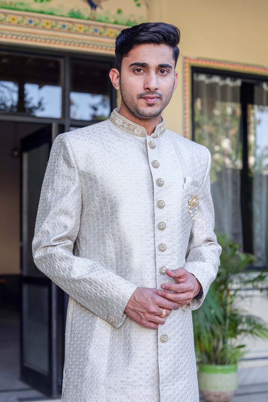 Olive Green Indo-Western Sherwani Suit.