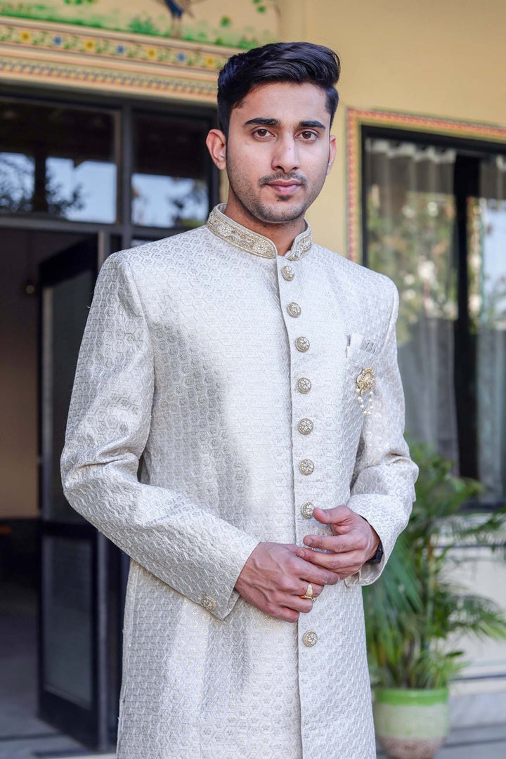 Olive Green Indo-Western Sherwani Suit.