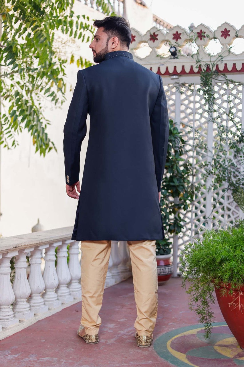 Dark Teal Indo-Western Sherwani Suit.