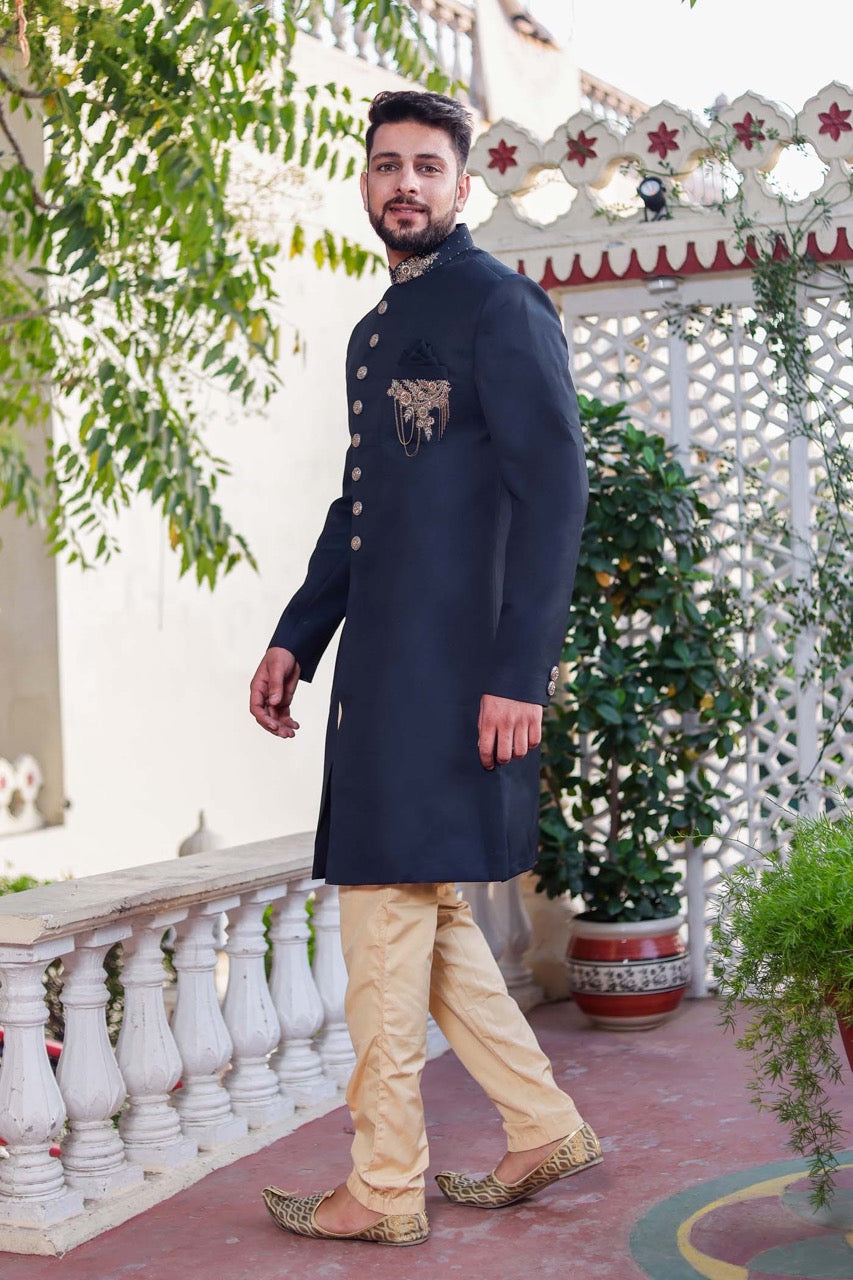 Dark Teal Indo-Western Sherwani Suit.