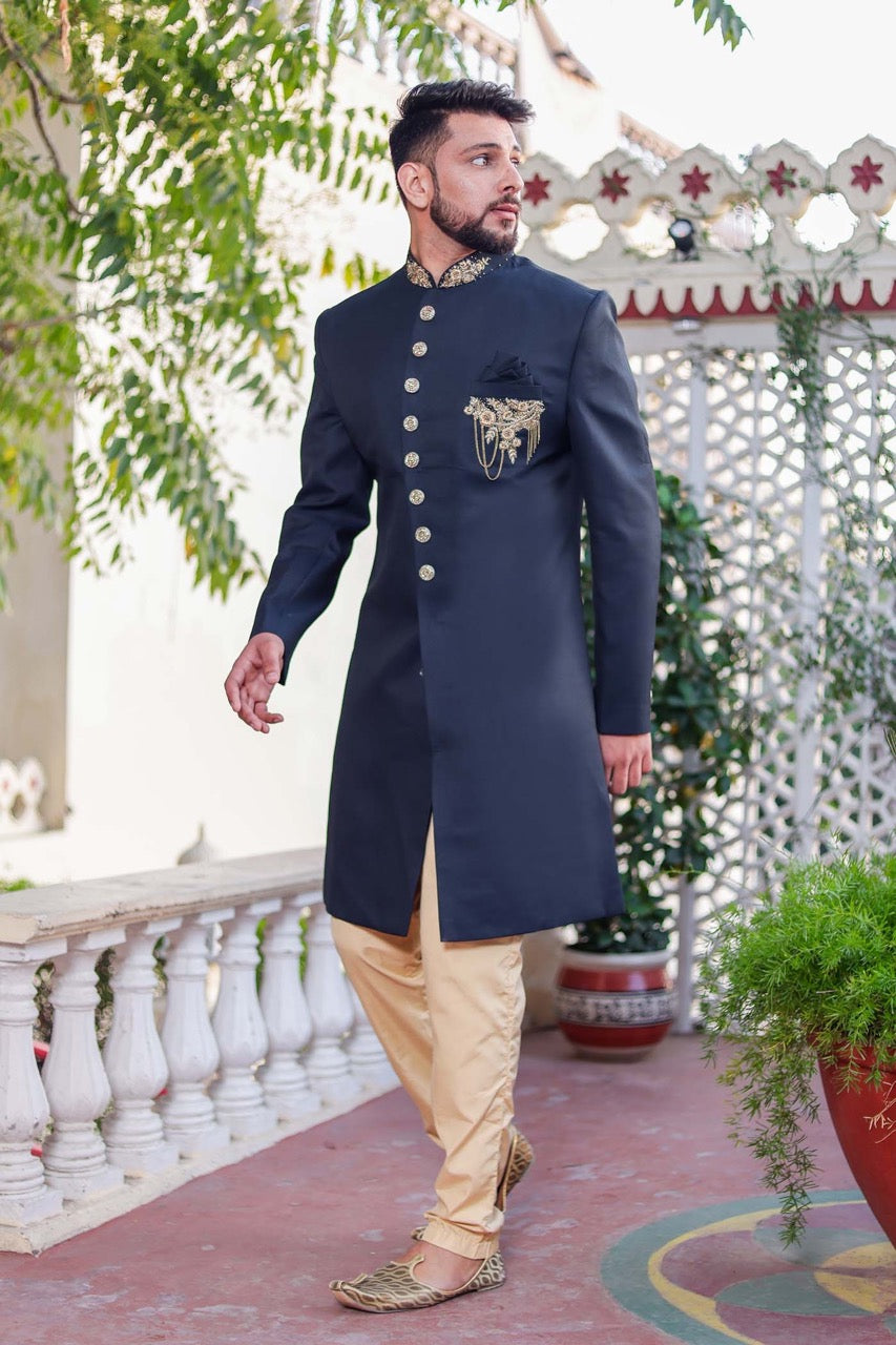 Dark Teal Indo-Western Sherwani Suit.