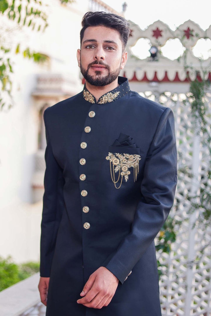 Dark Teal Indo-Western Sherwani Suit.