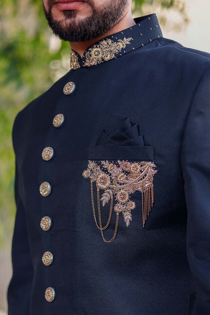 Dark Teal Indo-Western Sherwani Suit.