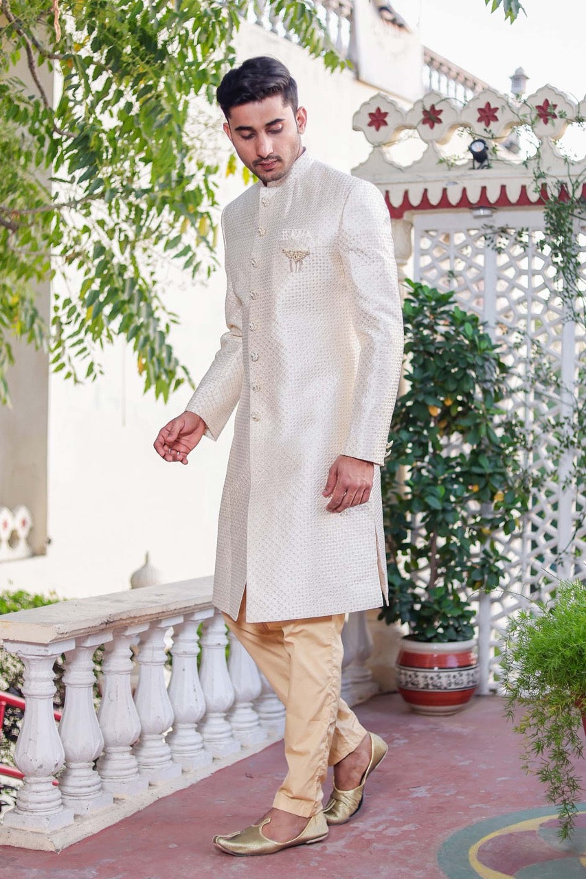 Cream Indo-Western Sherwani Suit.