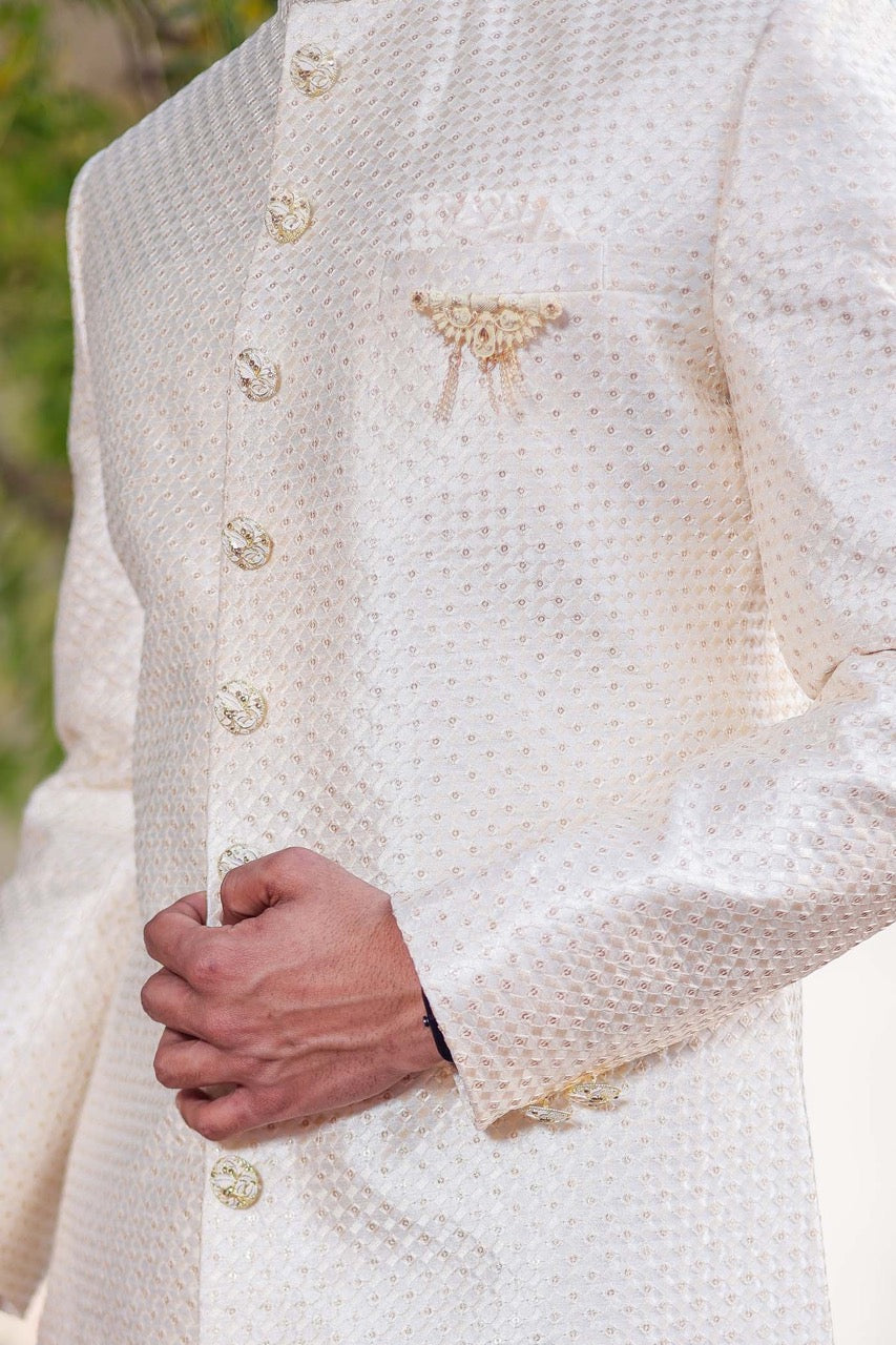 Cream Indo-Western Sherwani Suit.
